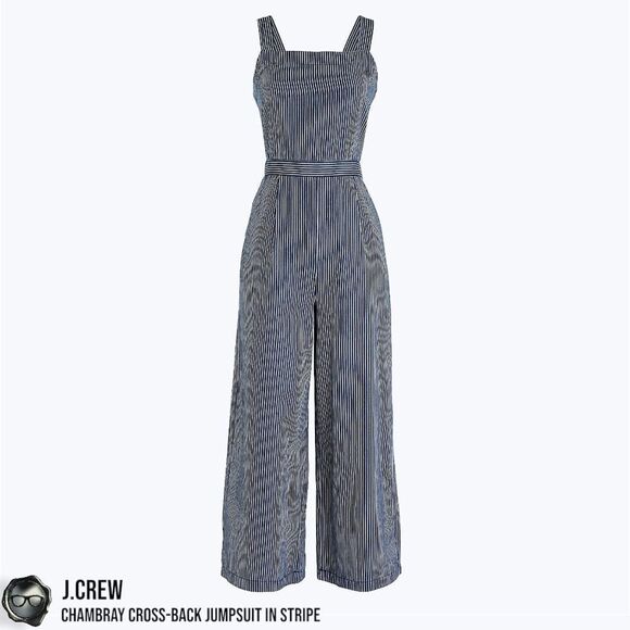 J.CREW CHAMBRAY CROSS-BACK OVERALL JUMPSUIT IN INDIGO RAILROAD STRIPE WIDE LEG - Picture 5 of 12